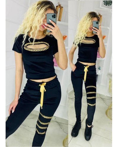 Trening dama, din catifea, negru, cu lanturi aurii streetstyle Keyshia - jojofashion.ro