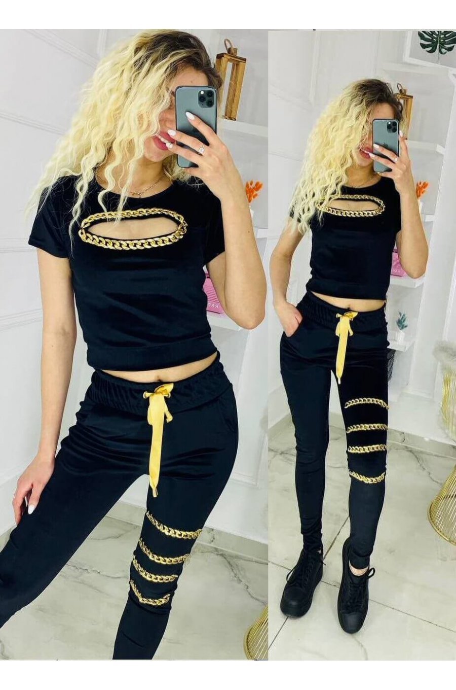 Trening dama, din catifea, negru, cu lanturi aurii streetstyle Keyshia 1 - jojofashion.ro