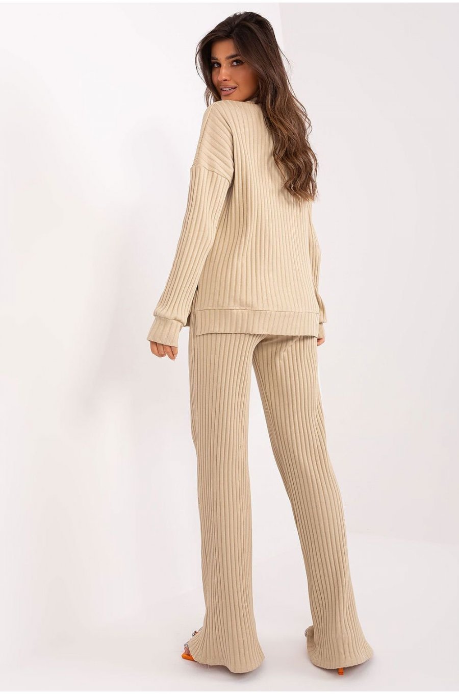 Compleu dama evazat bumbac bej tricotat Yomira 2 - jojofashion.ro