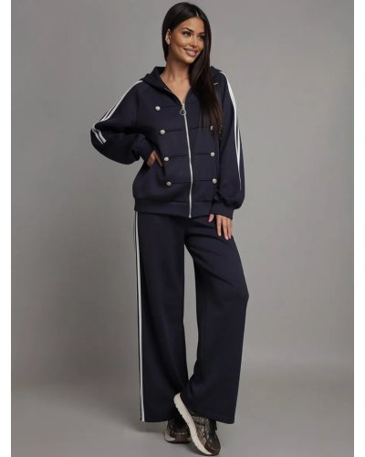 Trening dama bleumarin cu nasturi stil Napoleon si pantaloni largi Nikita - jojofashion.ro