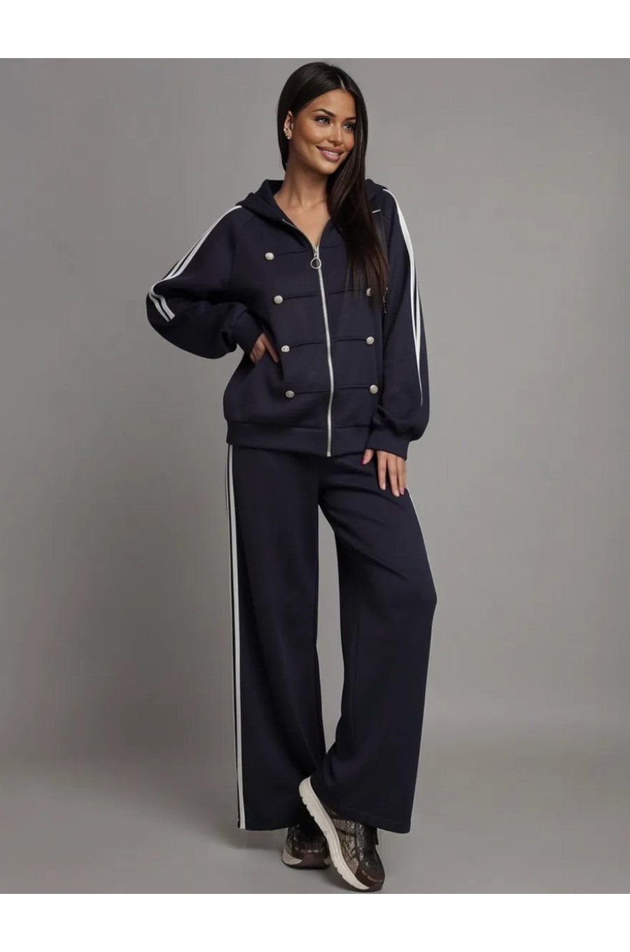Trening dama bleumarin cu nasturi stil Napoleon si pantaloni largi Nikita 1 - jojofashion.ro