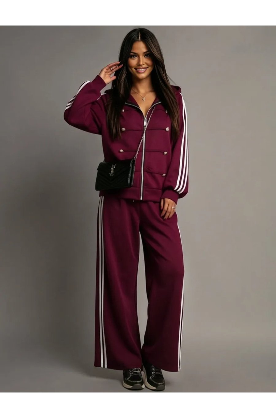 Trening dama burgundy cu nasturi stil Napoleon si pantaloni largi Nikita 1 - jojofashion.ro