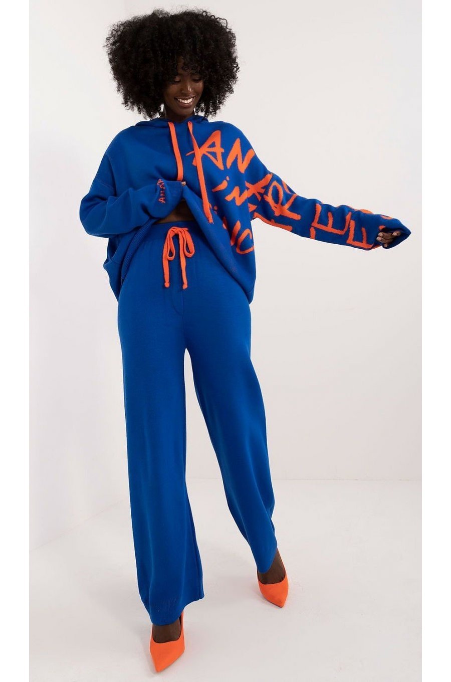 Compleu dama din acril, albastru cu scris orange, cu gluga, casual, Tonya3 1 - jojofashion.ro