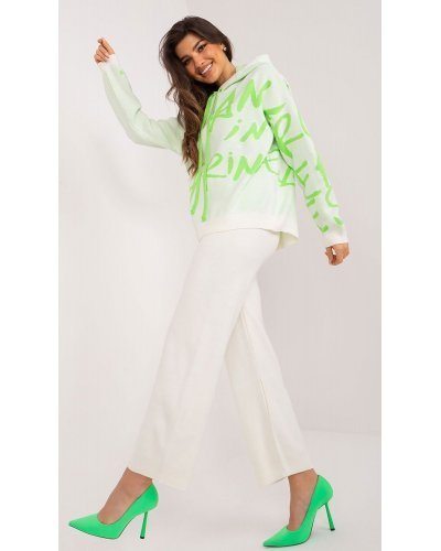 Compleu dama din acril, ecru cu scris verde neon, cu gluga, casual, Tonya2 Treninguri dama, Compleu dama din acril, ecru cu scris verde neon, cu gluga, casual, Tonya2 - jojofashion.ro