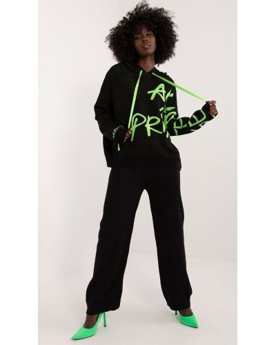 Compleu dama din acril, negru cu scris verde neon, cu gluga, casual, Tonya1 Treninguri dama, Compleu dama din acril, negru cu scris verde neon, cu gluga, casual, Tonya1 - jojofashion.ro