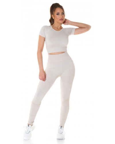 Compleu sport dama, elastic, bej, din doua piese Keiko - jojofashion.ro