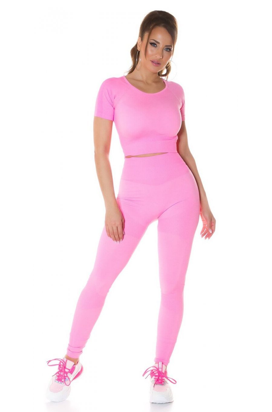 Compleu sport dama, elastic, roz neon, din doua piese Keiko 1 - jojofashion.ro