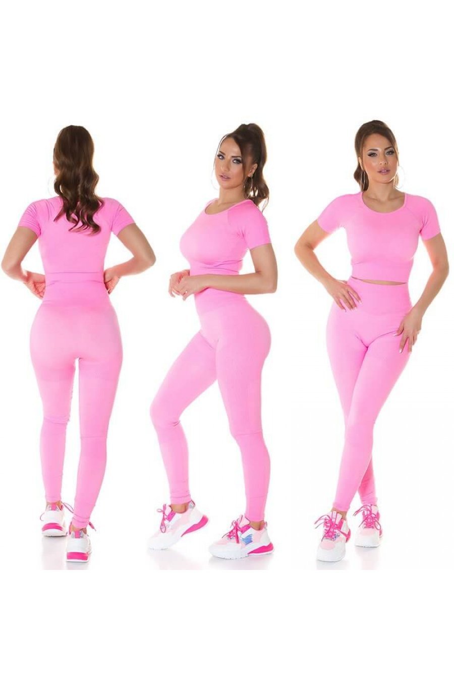 Compleu sport dama, elastic, roz neon, din doua piese Keiko 4 - jojofashion.ro