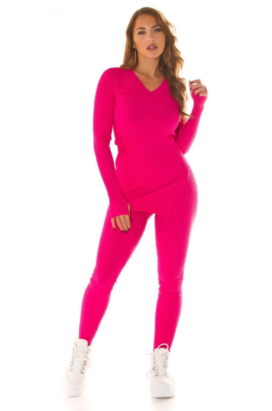 Compleu tricotat din doua piese, vascoza roz ciclam, mulat, cu maneca lunga, Halsey 1 - jojofashion.ro