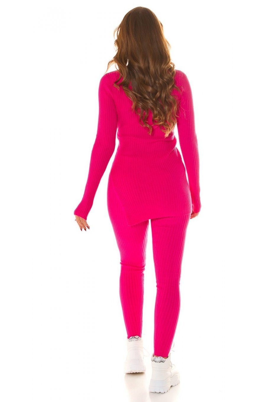 Compleu tricotat din doua piese, vascoza roz ciclam, mulat, cu maneca lunga, Halsey 2 - jojofashion.ro