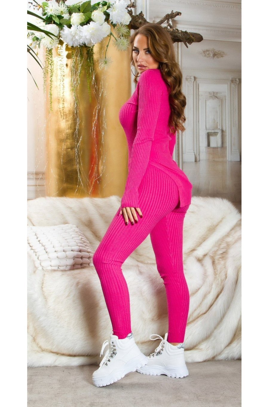Compleu tricotat din doua piese, vascoza roz ciclam, mulat, cu maneca lunga, Halsey 4 - jojofashion.ro