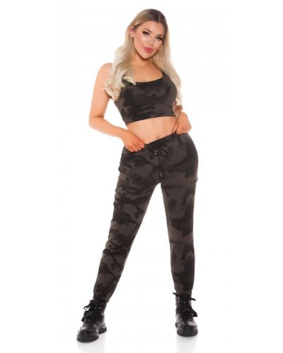 Trening dama, army print, stil cargo, bumbac, kaki Hazan - jojofashion.ro