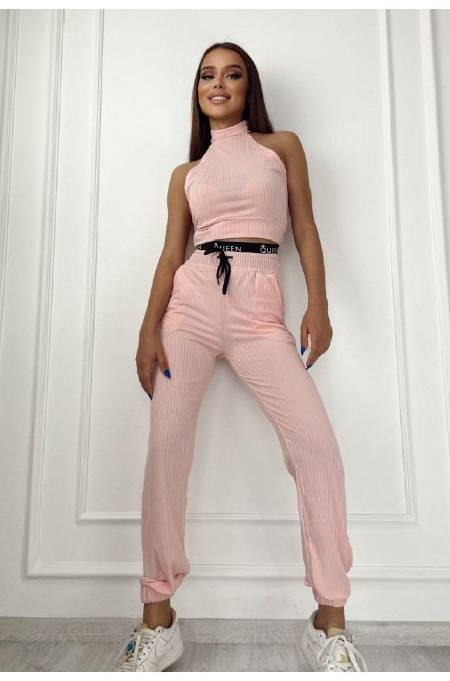 Trening dama bumbac cu striatii roz pal fara maneci Aerope Trening dama bumbac cu striatii roz pal fara maneci Aerope 1 - jojofashion.ro