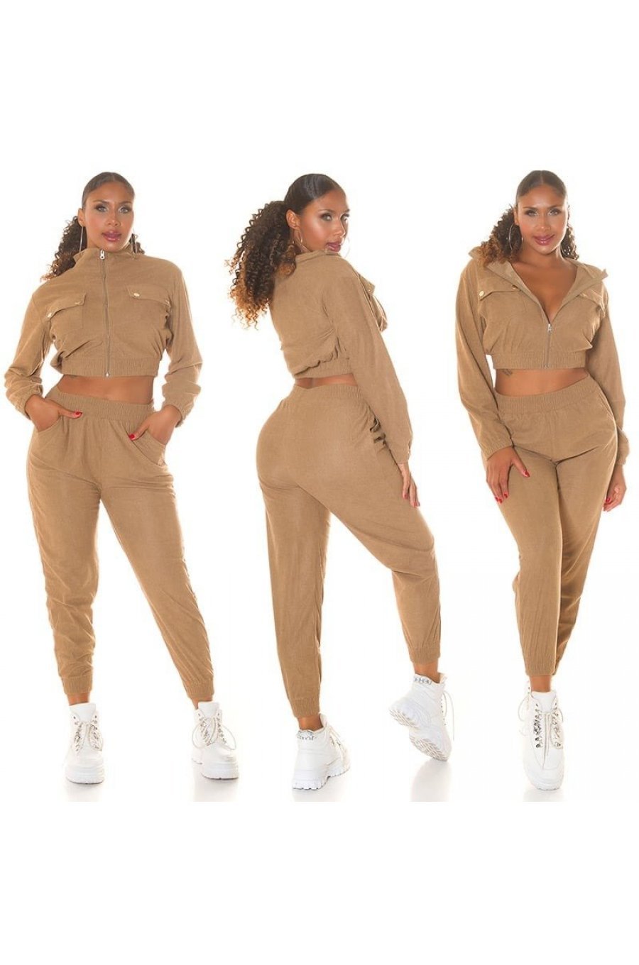 Trening dama cappuccino, cu bluza crop, buzunare si gluga, Nakamura Trening dama cappuccino, cu bluza crop, buzunare si gluga, Nakamura 4 - jojofashion.ro
