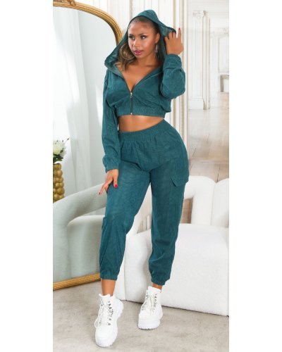 Trening dama cargo, albastru petrol, cu gluga si buzunare aplicate, Kasandra - jojofashion.ro