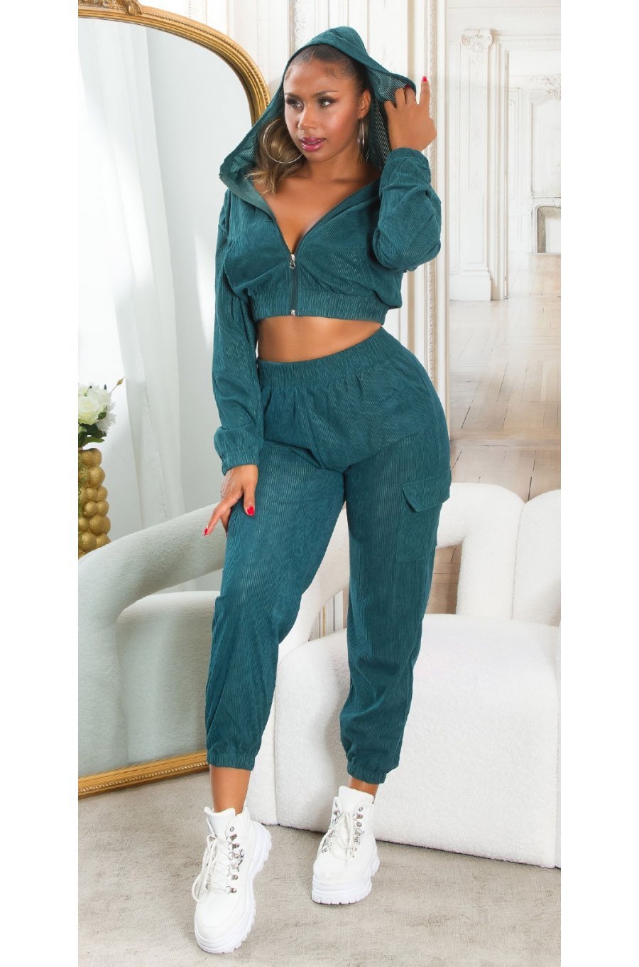 Trening dama cargo, albastru petrol, cu gluga si buzunare aplicate, Kasandra Trening dama cargo, albastru petrol, cu gluga si buzunare aplicate, Kasandra 1 - jojofashion.ro