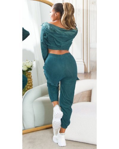 Trening dama cargo, albastru petrol, cu gluga si buzunare aplicate, Kasandra - jojofashion.ro