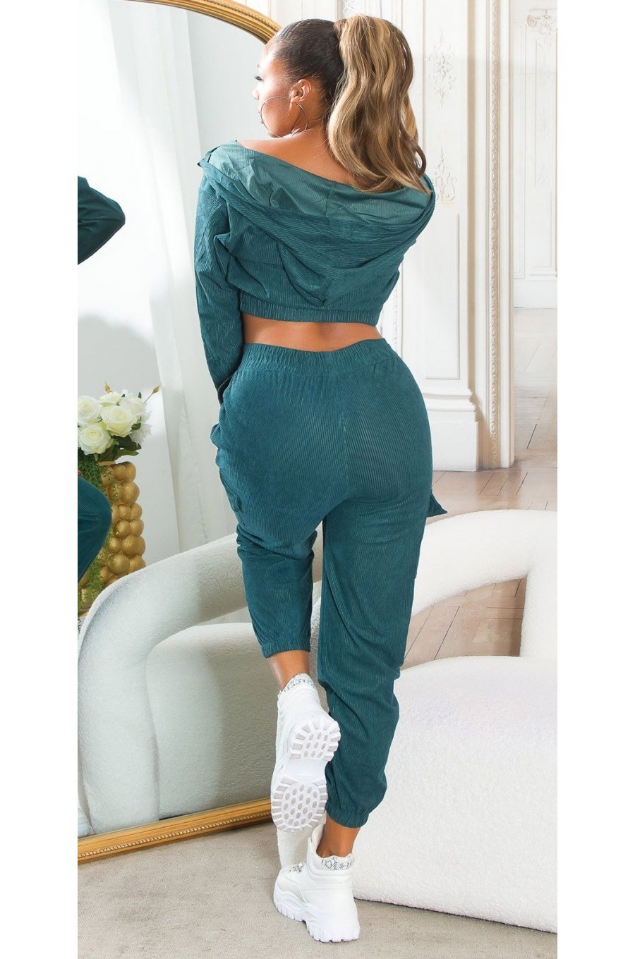 Trening dama cargo, albastru petrol, cu gluga si buzunare aplicate, Kasandra Trening dama cargo, albastru petrol, cu gluga si buzunare aplicate, Kasandra 2 - jojofashion.ro