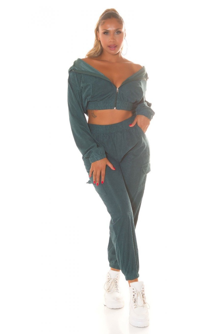 Trening dama cargo, albastru petrol, cu gluga si buzunare aplicate, Kasandra Trening dama cargo, albastru petrol, cu gluga si buzunare aplicate, Kasandra 3 - jojofashion.ro