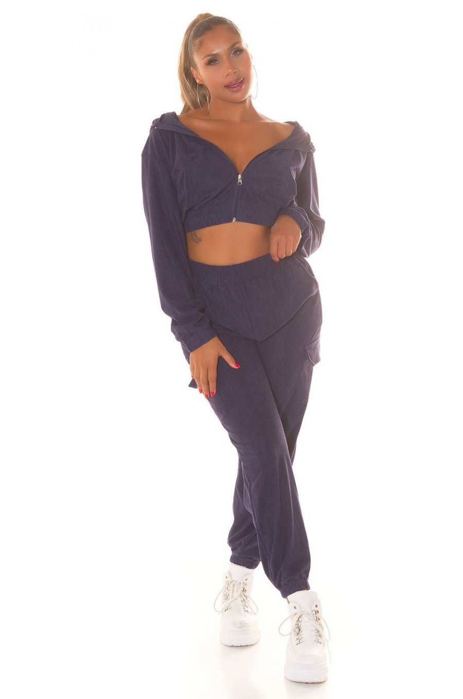Trening dama cargo, bleumarin navy, cu gluga si buzunare aplicate, Kasandra 3 - jojofashion.ro