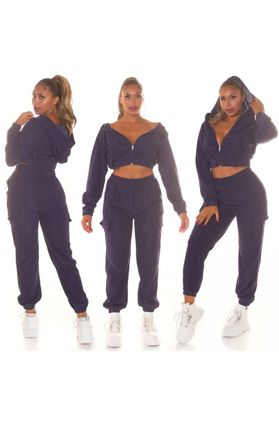 Trening dama cargo, bleumarin navy, cu gluga si buzunare aplicate, Kasandra 5 - jojofashion.ro