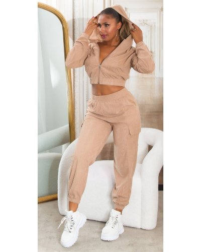 Trening dama cargo, cappuccino, cu gluga si buzunare aplicate, Kasandra - jojofashion.ro