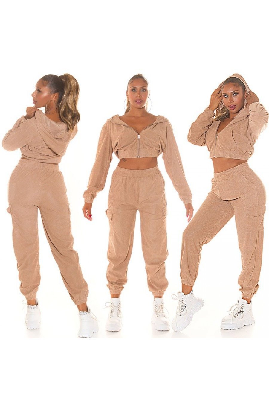 Trening dama cargo, cappuccino, cu gluga si buzunare aplicate, Kasandra Trening dama cargo, cappuccino, cu gluga si buzunare aplicate, Kasandra 5 - jojofashion.ro