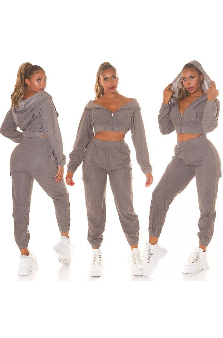 Trening dama cargo, gri, cu gluga si buzunare aplicate, Kasandra Trening dama cargo, gri, cu gluga si buzunare aplicate, Kasandra 5 - jojofashion.ro