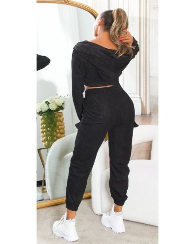 Trening dama cargo, negru, cu gluga si buzunare aplicate, Kasandra - jojofashion.ro