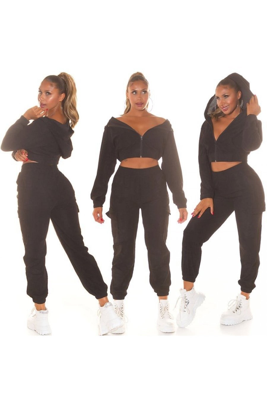 Trening dama cargo, negru, cu gluga si buzunare aplicate, Kasandra Trening dama cargo, negru, cu gluga si buzunare aplicate, Kasandra 5 - jojofashion.ro