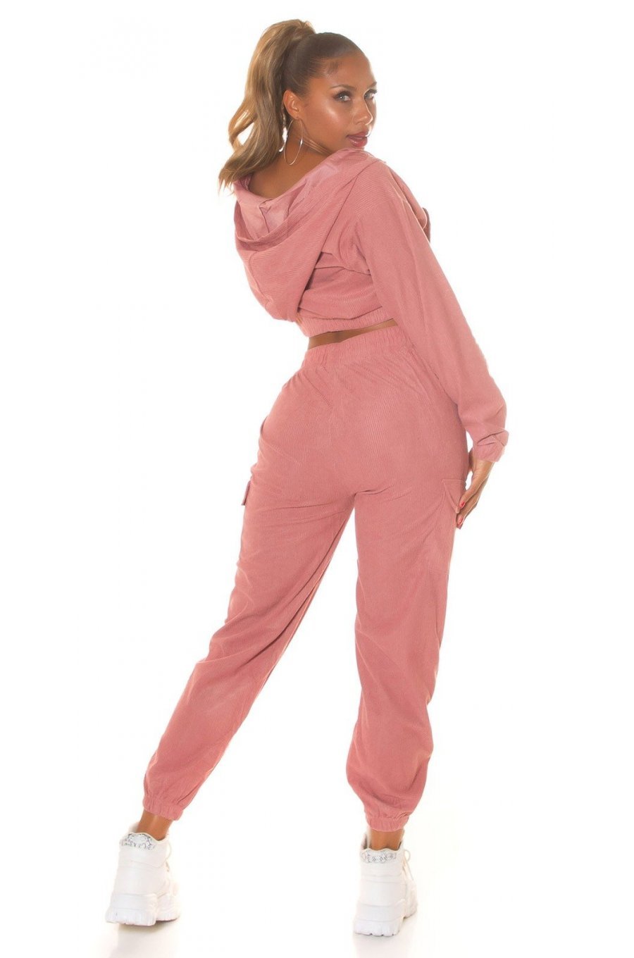 Trening dama cargo, roz prafuit, cu gluga si buzunare aplicate, Kasandra 4 - jojofashion.ro