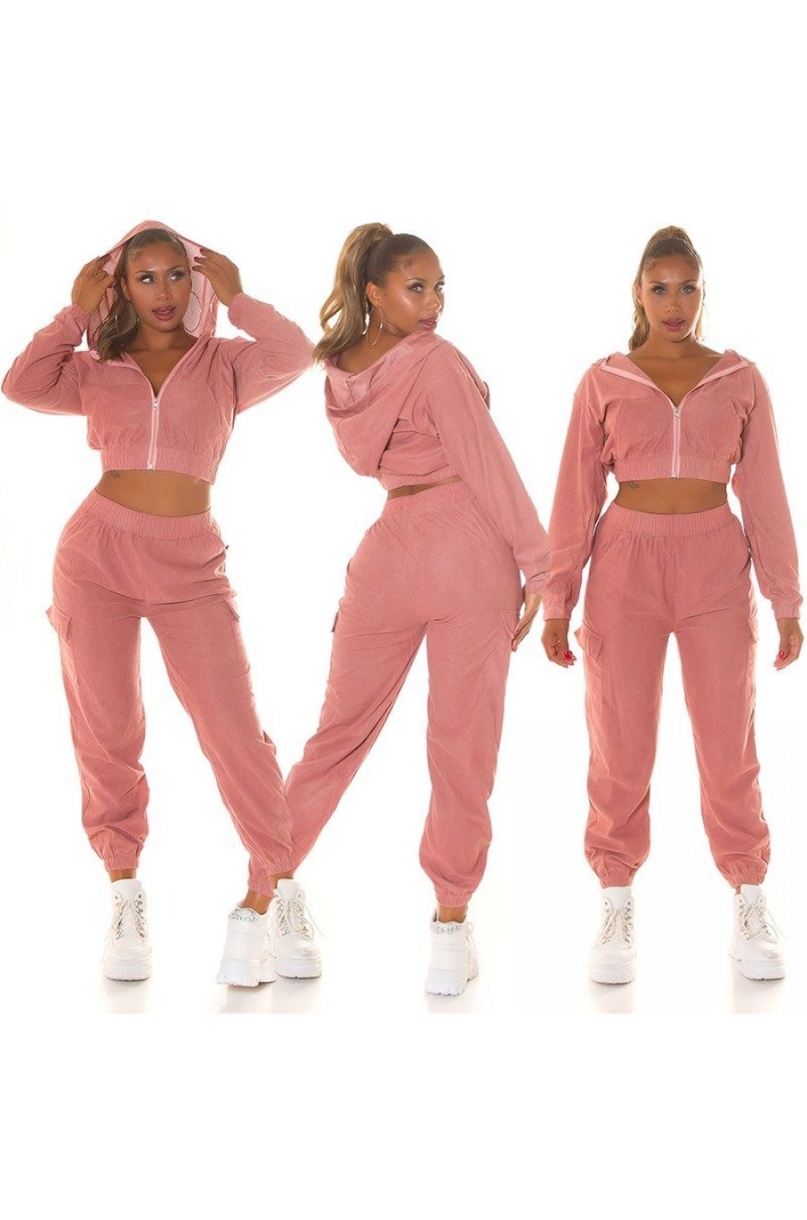 Trening dama cargo, roz prafuit, cu gluga si buzunare aplicate, Kasandra 5 - jojofashion.ro