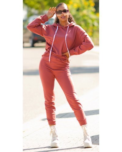 Trening dama casual, bumbac maro light, cu gluga, Abbey - jojofashion.ro