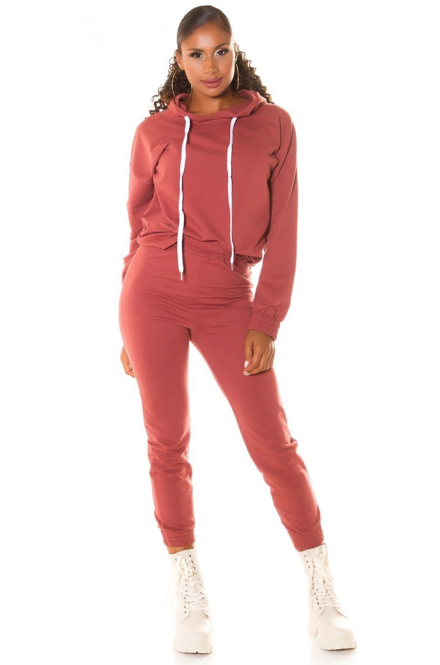Trening dama casual, bumbac maro light, cu gluga, Abbey Trening dama casual, bumbac maro light, cu gluga, Abbey 3 - jojofashion.ro