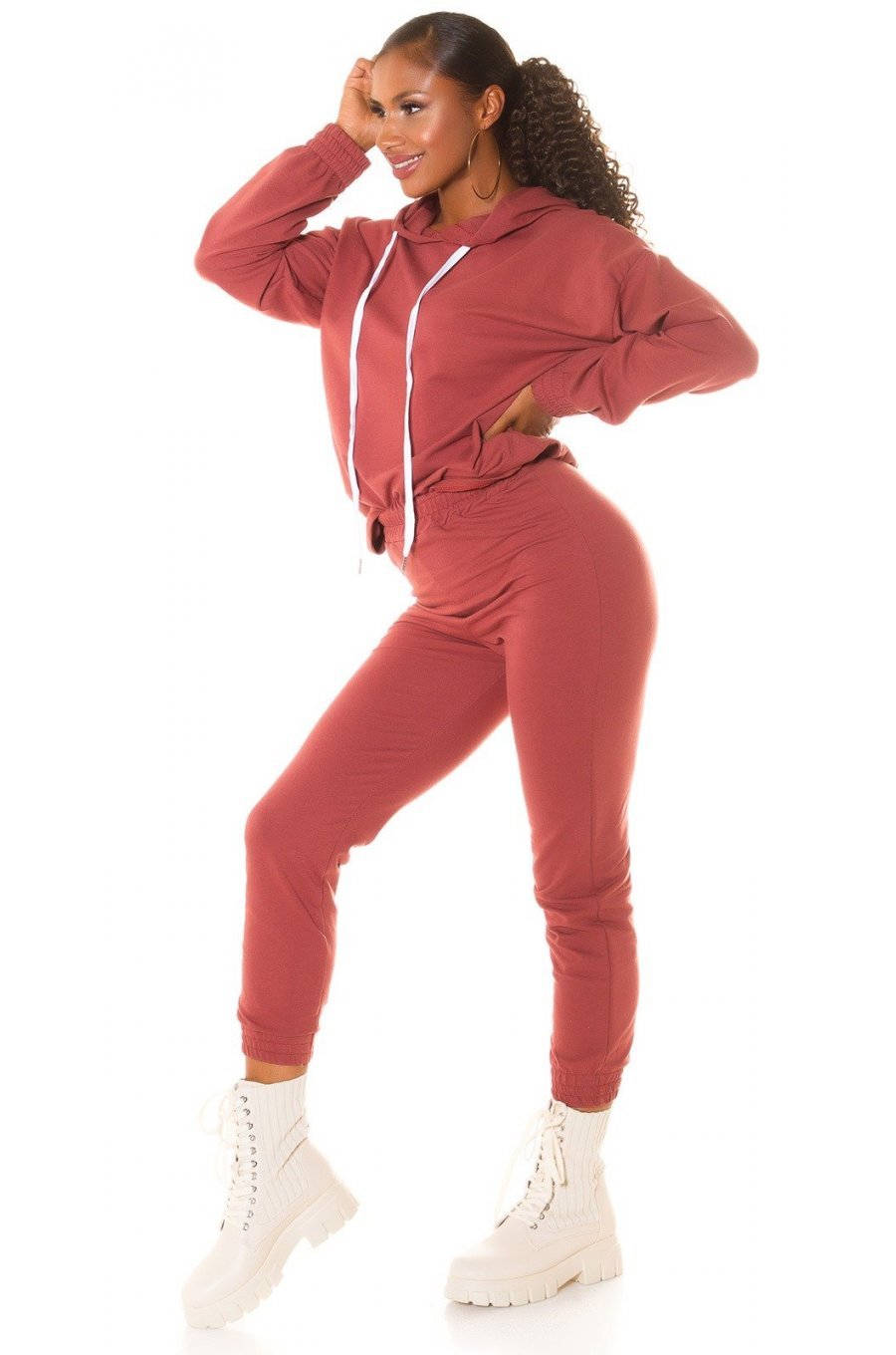 Trening dama casual, bumbac maro light, cu gluga, Abbey Trening dama casual, bumbac maro light, cu gluga, Abbey 4 - jojofashion.ro