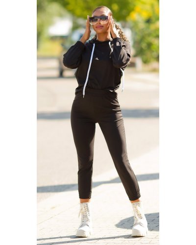 Trening dama casual, bumbac negru, cu gluga, Abbey - jojofashion.ro