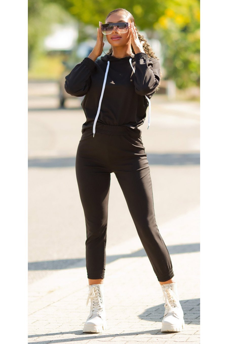Trening dama casual, bumbac negru, cu gluga, Abbey 1 - jojofashion.ro