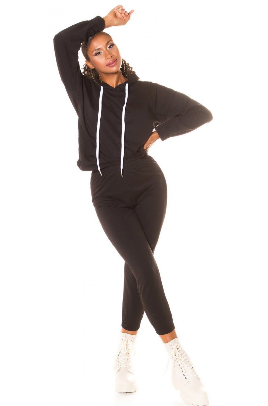 Trening dama casual, bumbac negru, cu gluga, Abbey 3 - jojofashion.ro