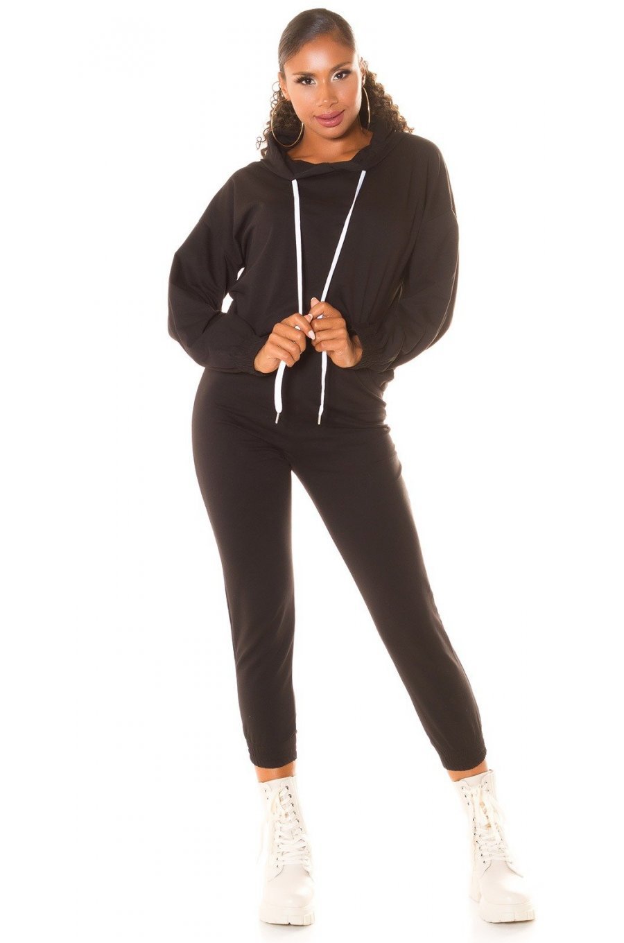 Trening dama casual, bumbac negru, cu gluga, Abbey 5 - jojofashion.ro
