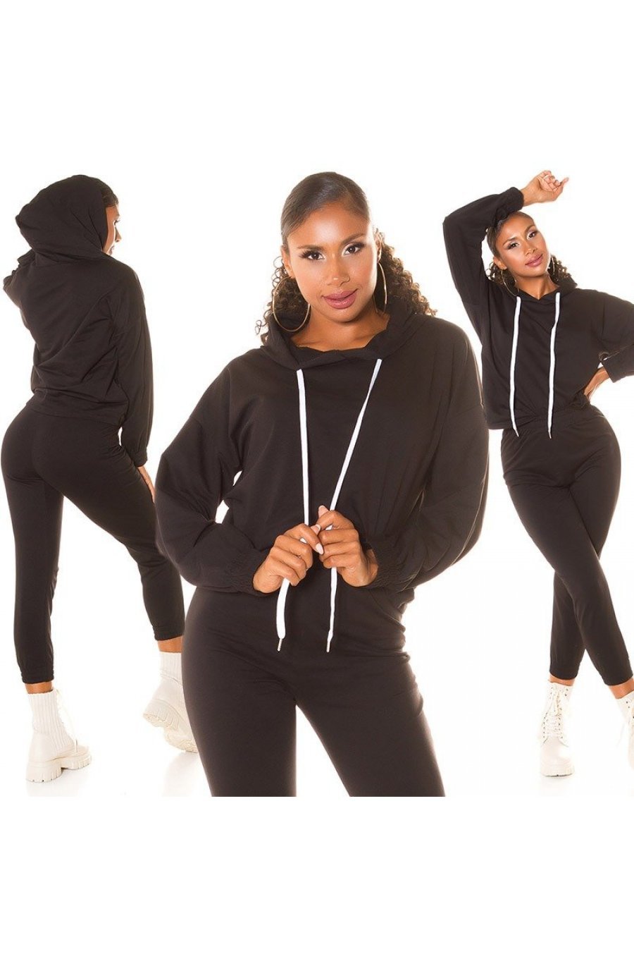 Trening dama casual, bumbac negru, cu gluga, Abbey 6 - jojofashion.ro