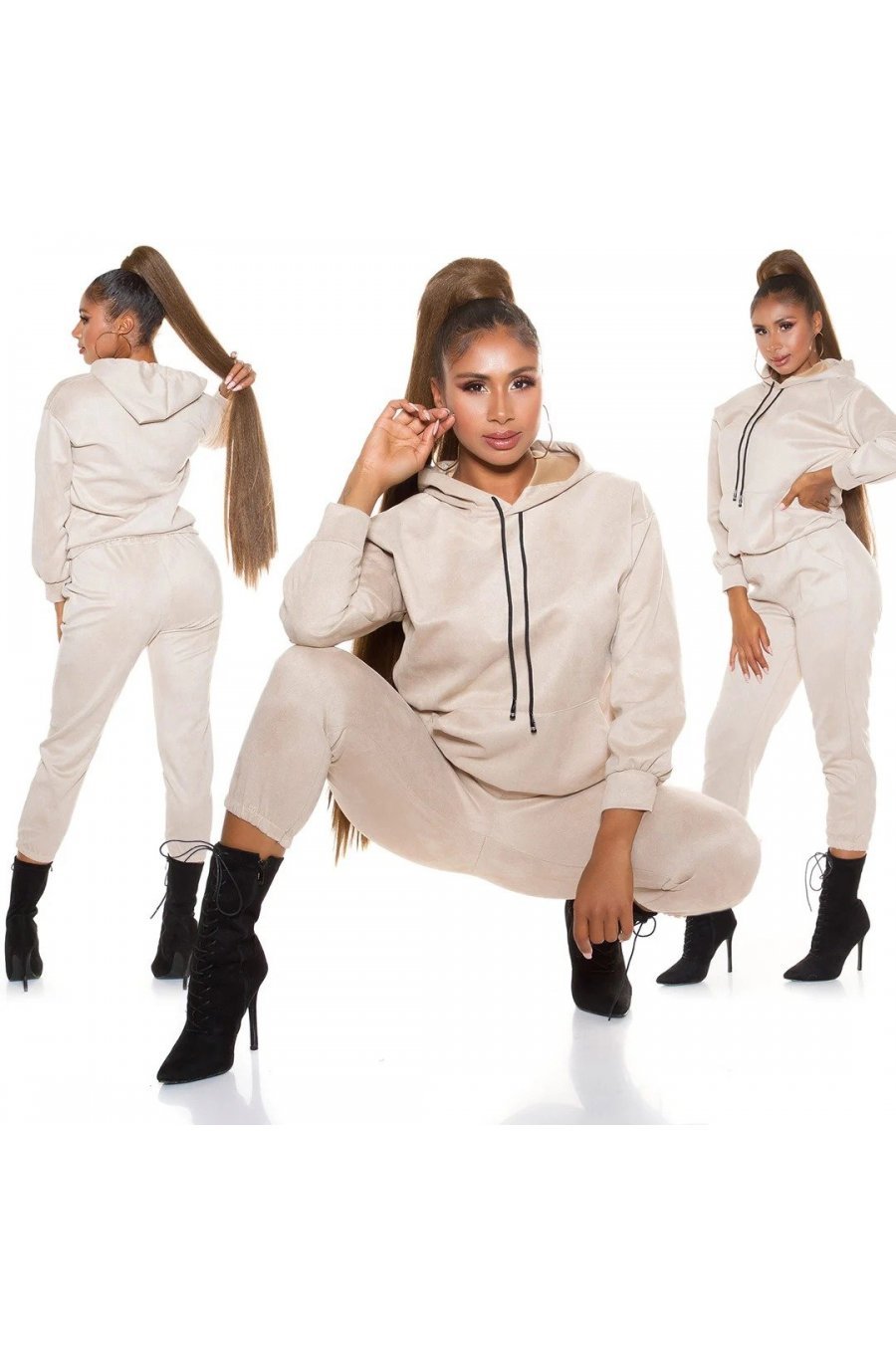 Trening dama casual, catifea, bej, cu gluga Skya Trening dama casual, catifea, bej, cu gluga Skya 4 - jojofashion.ro