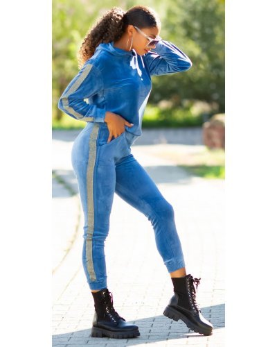 Trening dama casual, catifea, bleu, cu gluga Anthos Treninguri dama, Trening dama casual, catifea, bleu, cu gluga Anthos - jojofashion.ro