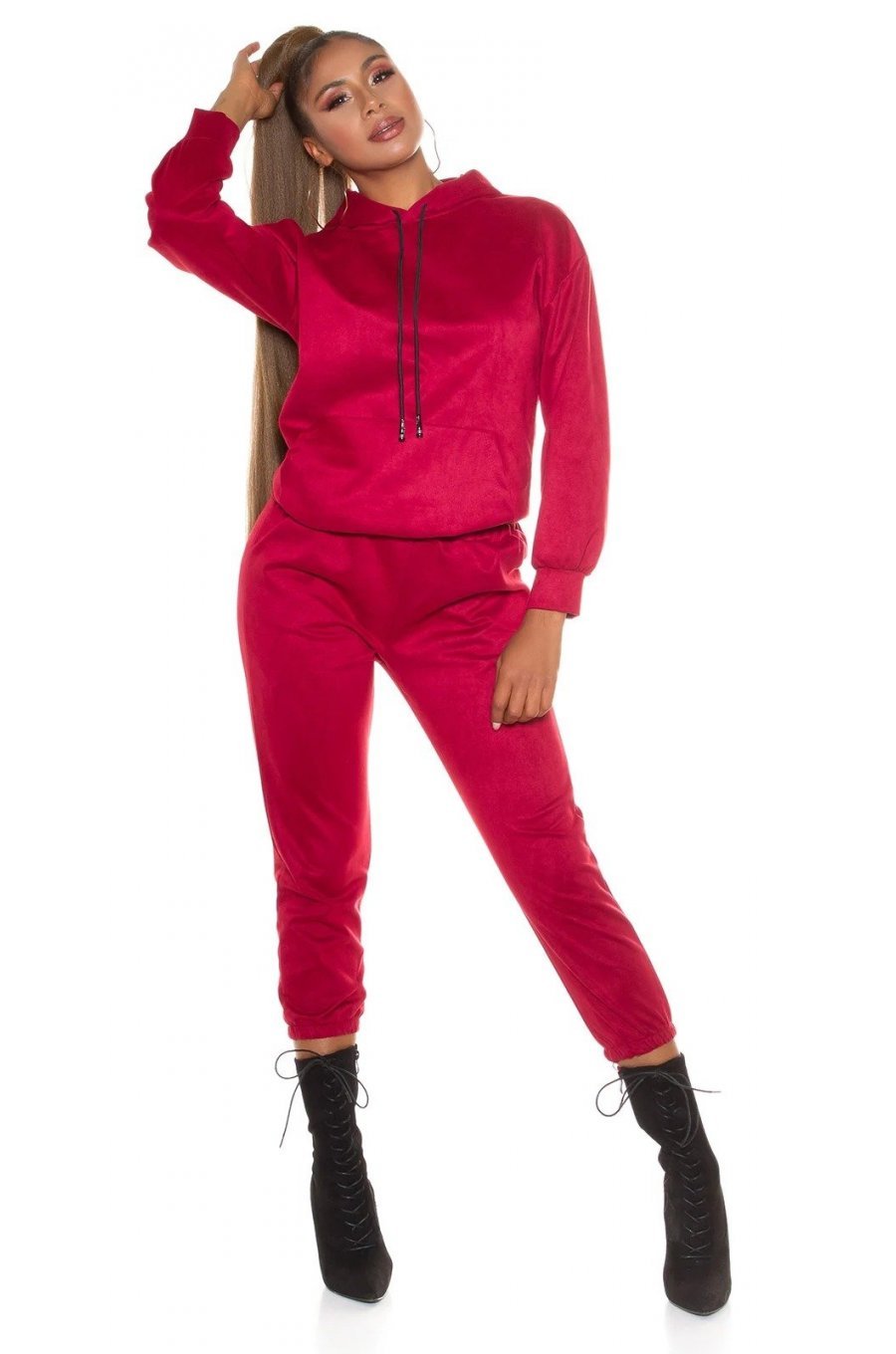Trening dama casual, catifea, burgundy, cu gluga Skya 4 - jojofashion.ro