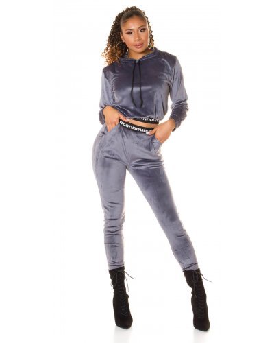 Trening dama casual catifea gri cu gluga Aleksis - jojofashion.ro