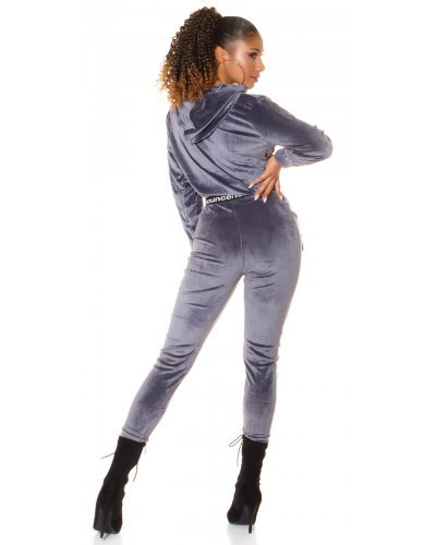 Trening dama casual catifea gri cu gluga Aleksis - jojofashion.ro