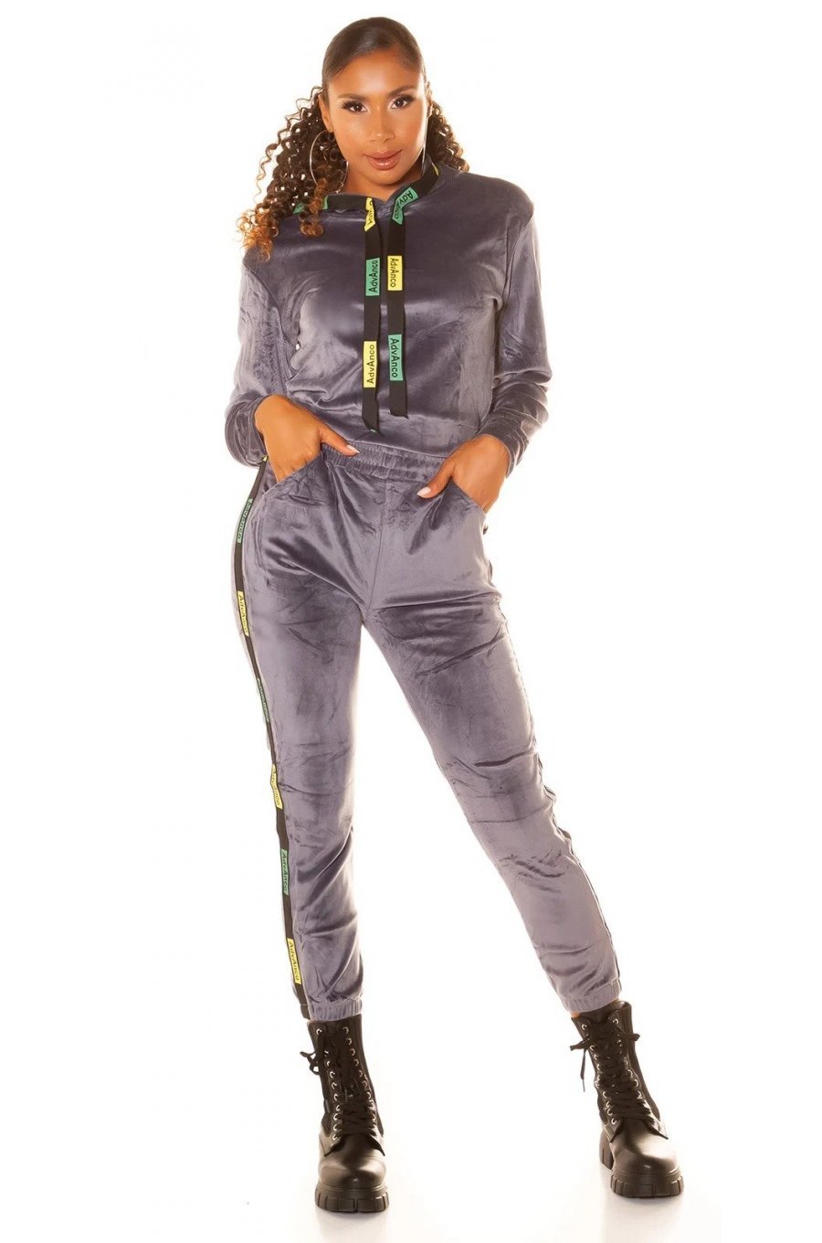 Trening dama casual, catifea, gri, mulat, cu gluga Modisch Trening dama casual, catifea, gri, mulat, cu gluga Modisch 2 - jojofashion.ro