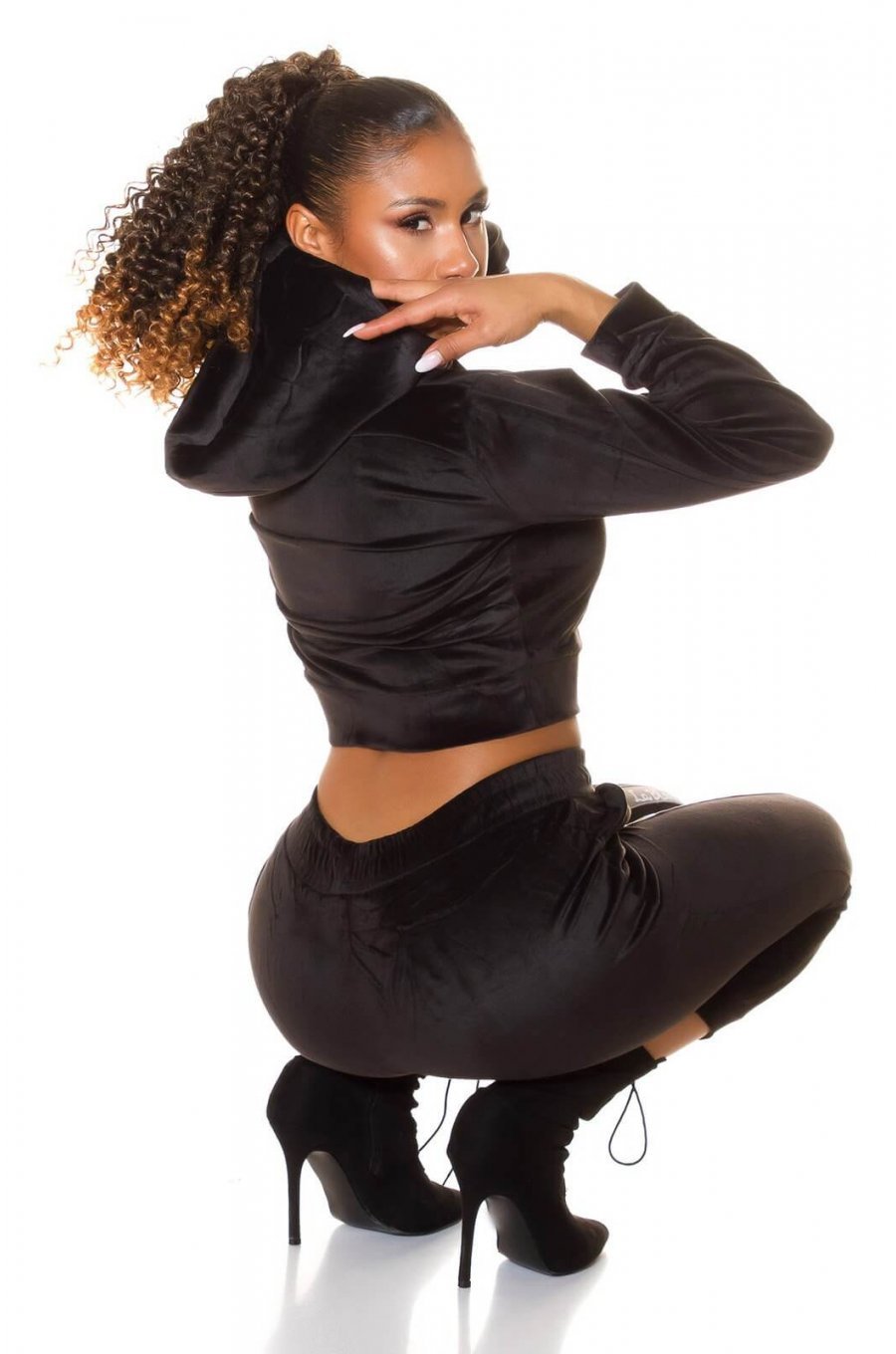Trening dama casual, catifea, negru, cu dungi gri Sonja 4 - jojofashion.ro