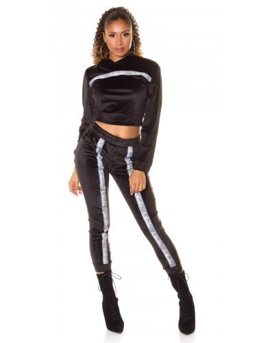 Trening dama casual, catifea, negru, cu dungi gri Sonja - jojofashion.ro