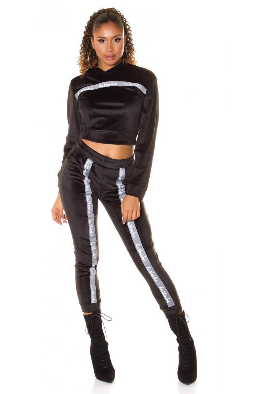 Trening dama casual, catifea, negru, cu dungi gri Sonja 1 - jojofashion.ro