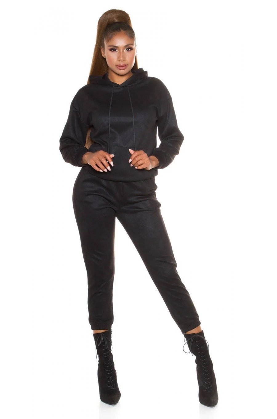 Trening dama casual, catifea, negru, cu gluga Skya 1 - jojofashion.ro